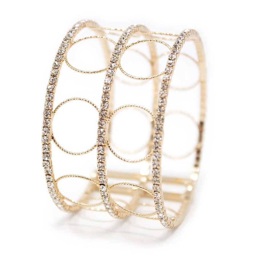 Three Row Crystal With Open Circle Cuff Bangle Gold Tone - Mimmic Fashion Jewelry