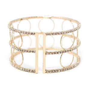 Three Row Crystal With Open Circle Cuff Bangle Gold Tone - Mimmic Fashion Jewelry