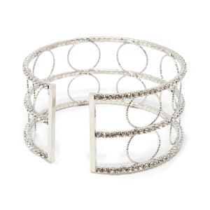 Three Row Crystal With Open Circle Cuff Bangle Silver Tone - Mimmic Fashion Jewelry