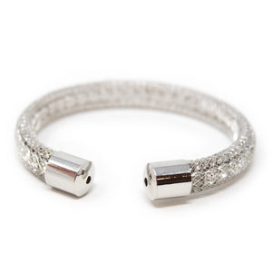 Three Row Crystal in Mesh Cuff Bangle Silver Tone - Mimmic Fashion Jewelry