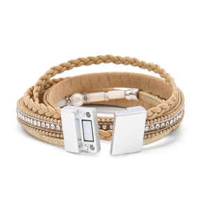 3Row Leather Wrap Bracelet W Pearl Station Beige - Mimmic Fashion Jewelry