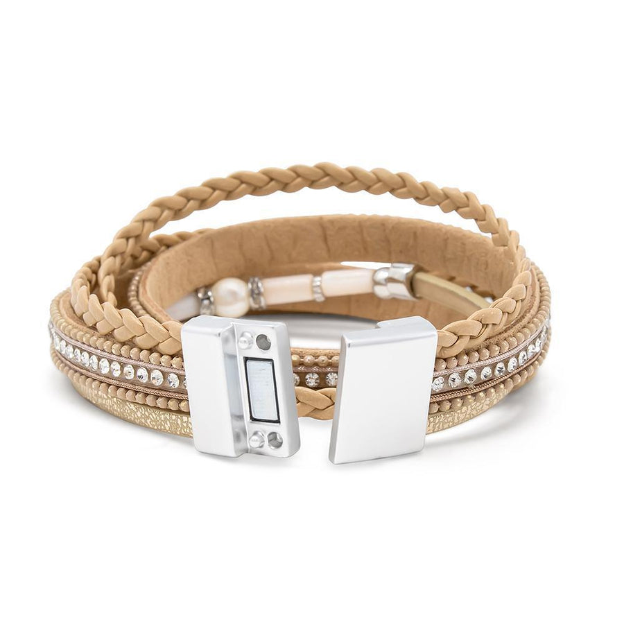 3Row Leather Wrap Bracelet W Pearl Station Beige - Mimmic Fashion Jewelry