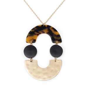 Tortoise/Hammered Geometric Pendant Long Necklace Gold Tone - Mimmic Fashion Jewelry