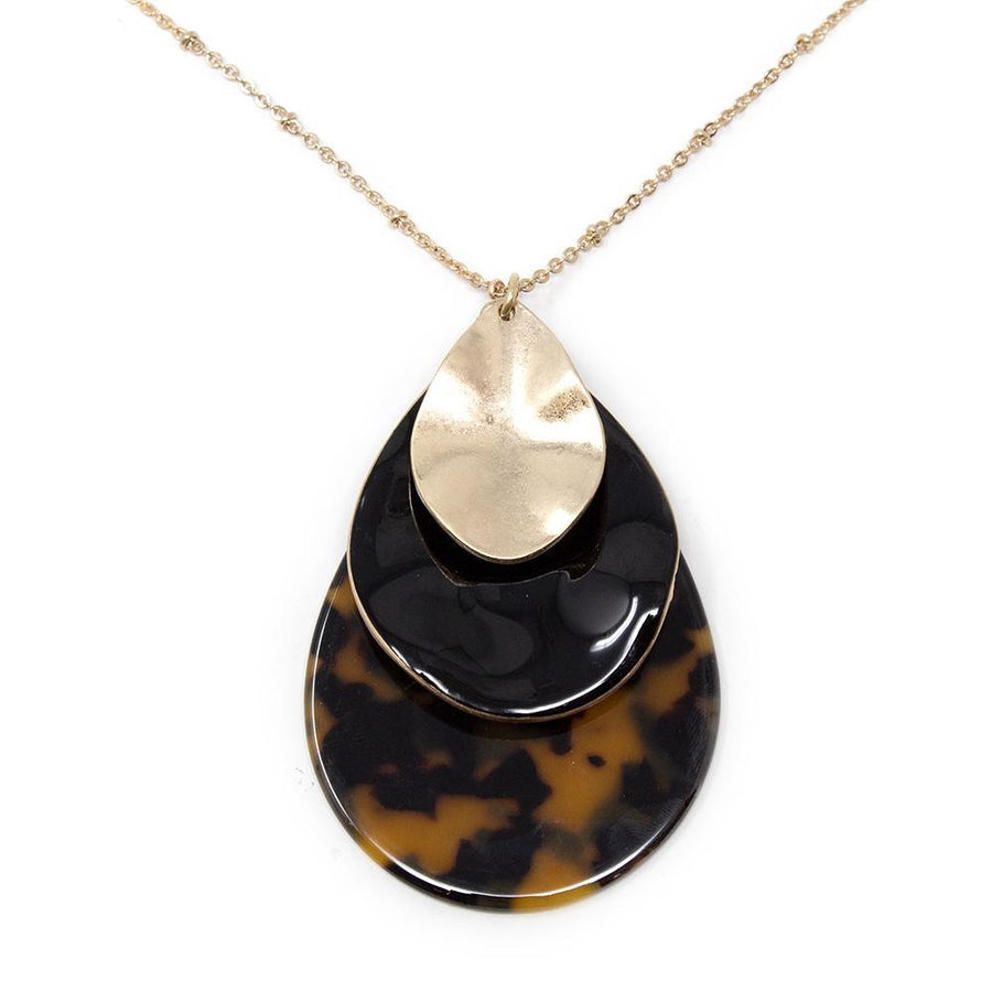 Tortoise/Hammered Teardrop Pendant Long Necklace Gold Tone - Mimmic Fashion Jewelry
