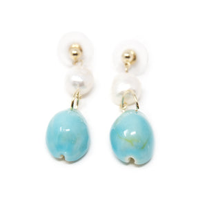 Turquoise Cowry Pearl Drop Earrings Gold Tone - Mimmic Fashion Jewelry