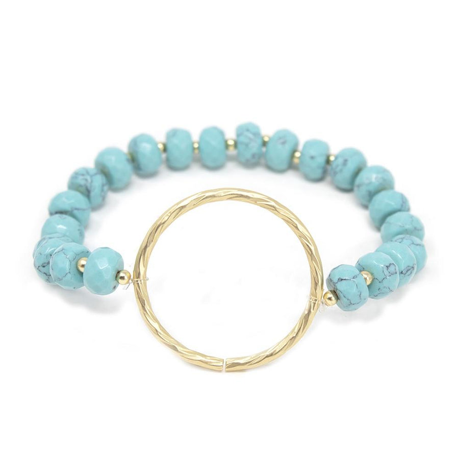 Turquoise Semi Precious Beaded Bracelet W Brushed Ring Gold T - Mimmic Fashion Jewelry