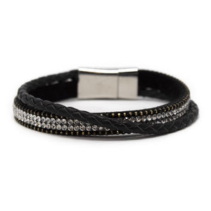 Two Row Black Leather Bracelet with Crystal - Mimmic Fashion Jewelry