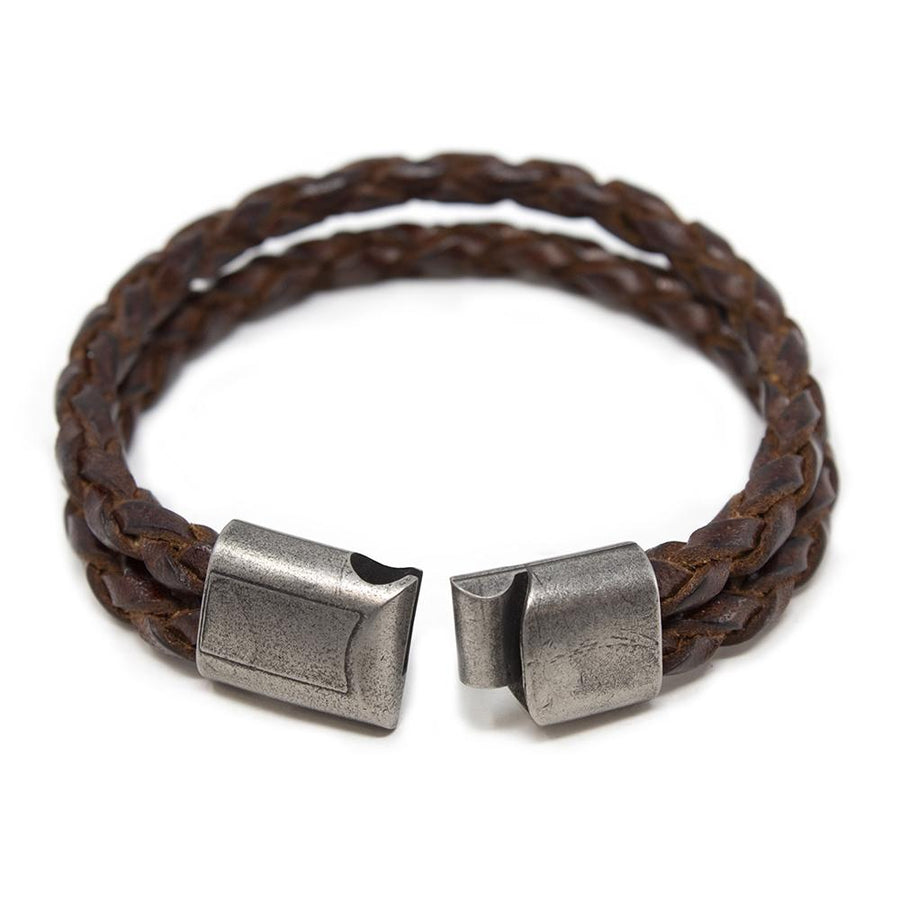 Two Row Braided Leather Bracelet W Puzzle Clasp Brown - Mimmic Fashion Jewelry