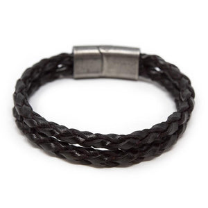 Two Row Braided Leather Bracelet W Puzzle Clasp Dark Bn - Mimmic Fashion Jewelry