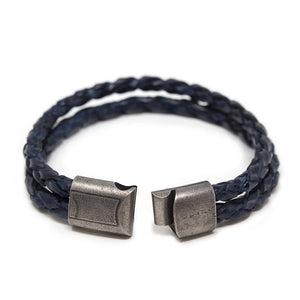 Two Row Braided Leather Bracelet W Puzzle Clasp Navy - Mimmic Fashion Jewelry