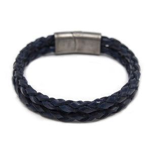 Two Row Braided Leather Bracelet W Puzzle Clasp Navy - Mimmic Fashion Jewelry
