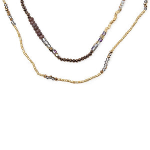 Two Row Glass Beaded Long Necklace Brown - Mimmic Fashion Jewelry