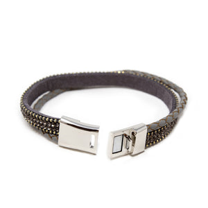 Two Row Gray Leather Bracelet with Crystal - Mimmic Fashion Jewelry