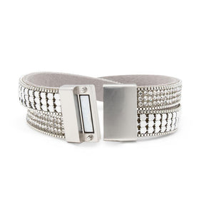 2 Row Leather Bracelet Disco Design Rhodium - Mimmic Fashion Jewelry