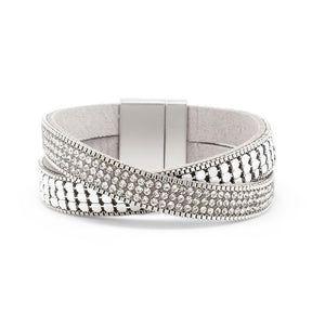 2 Row Leather Bracelet Disco Design Rhodium - Mimmic Fashion Jewelry