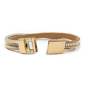 Two Row Leather Bracelet with Chain and Crystal Gold Tone - Mimmic Fashion Jewelry