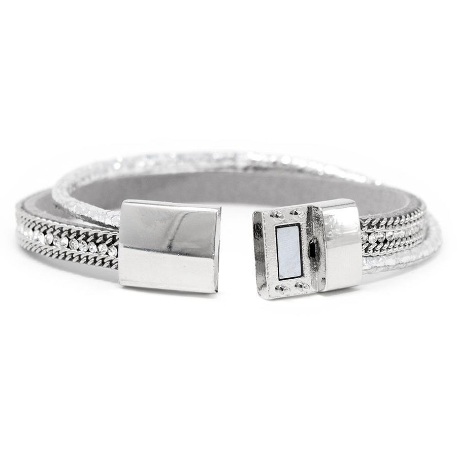 Two Row Leather Bracelet with Chain and Crystal Silver Tone - Mimmic Fashion Jewelry