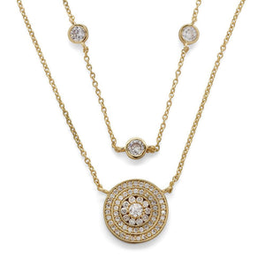 Two Row Necklace with CZ Circle Pendant Gold Plated - Mimmic Fashion Jewelry