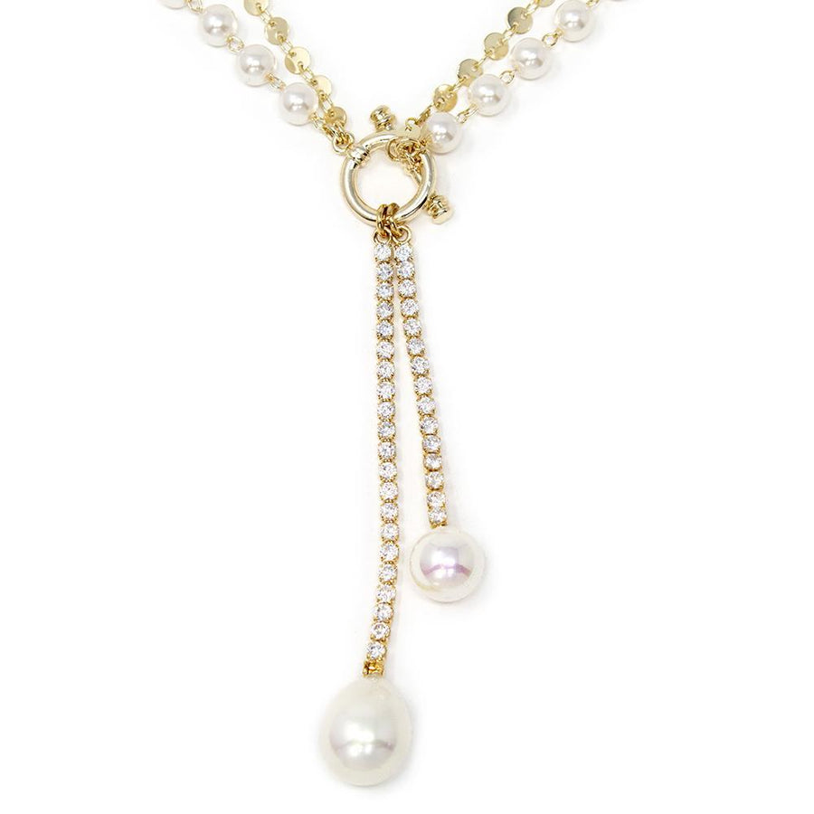 Two Row Tassel Necklace Pave Pearl Gold Plated - Mimmic Fashion Jewelry