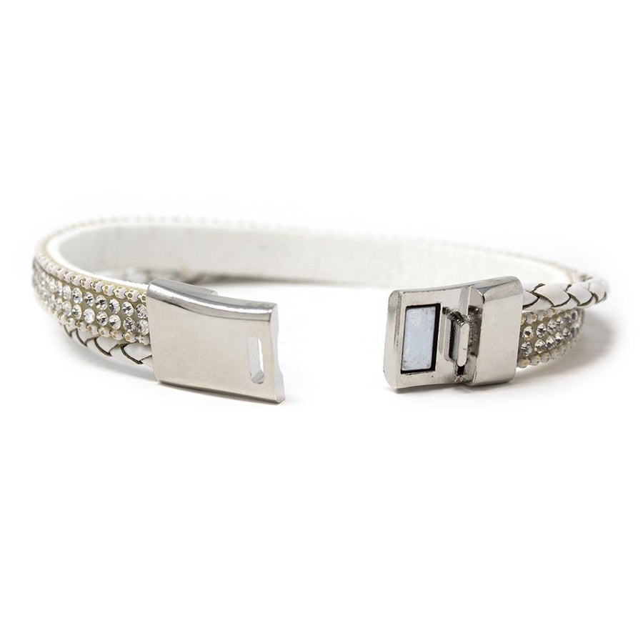 Two Row White Leather Bracelet with Crystal - Mimmic Fashion Jewelry