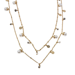 Two Strand Neck W Pearl Charm Gold Tone - Mimmic Fashion Jewelry