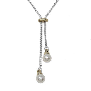 Two Tone Adjustable Lariat Necklace Pearl - Mimmic Fashion Jewelry