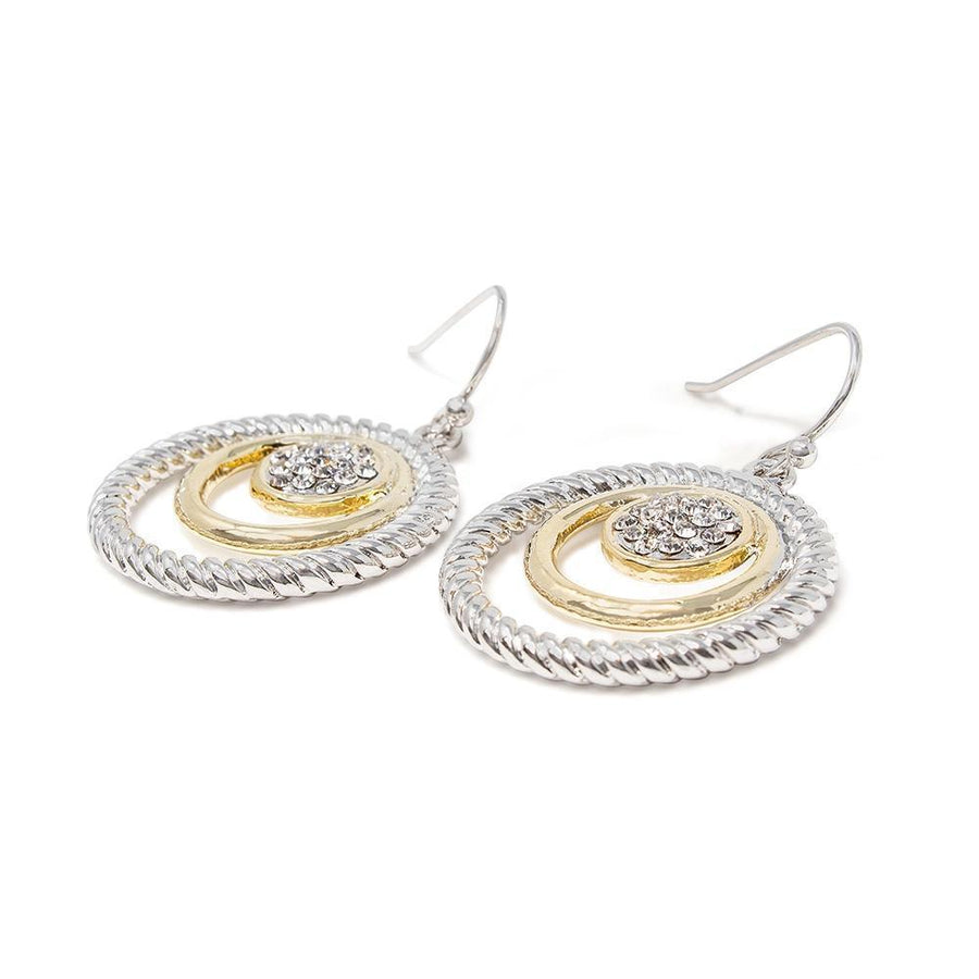 2Tone Circle Drop Earrings Clear CZ Pave - Mimmic Fashion Jewelry