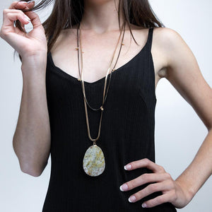 Two Tone Double Long Necklace with Semiprecious Stone Pendant Cha - Mimmic Fashion Jewelry