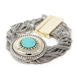 Two Tone Fifteen Row Bracelet with Circle Turquoise Gold Plated - Mimmic Fashion Jewelry