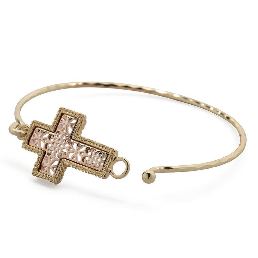 2Tone Filigree Cross Bangle Gold Pl - Mimmic Fashion Jewelry