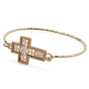 2Tone Filigree Cross Bangle Gold Pl - Mimmic Fashion Jewelry