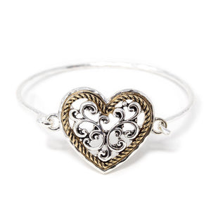 Two Tone Filigree Heart Bangle - Mimmic Fashion Jewelry