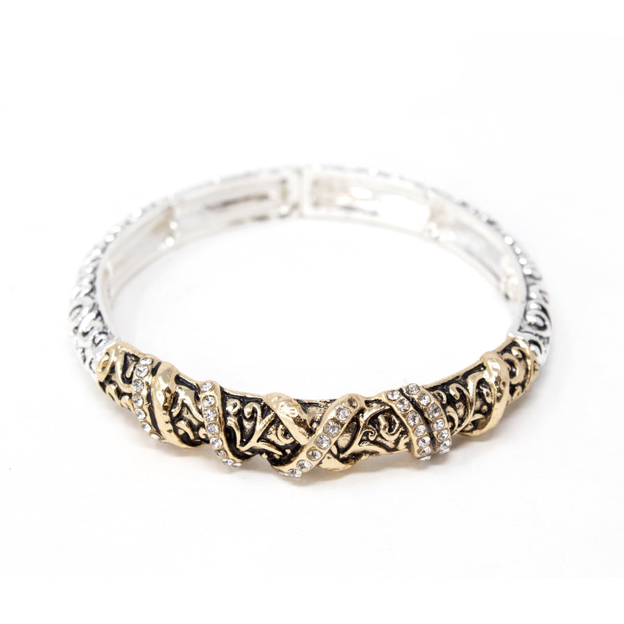 Two Tone Filigree Stretch Bracelet Gold Toned Crystal Station - Mimmic Fashion Jewelry