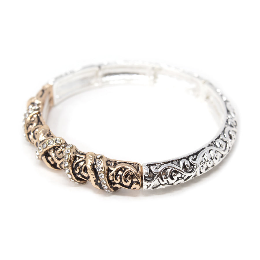 Two Tone Filigree Stretch Bracelet Rose Gold Toned Crystal Station - Mimmic Fashion Jewelry