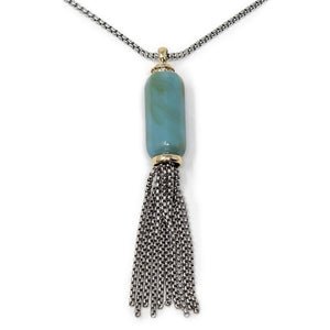 Two Tone GemStone Chain Tassel Pendant Necklace Turquoise - Mimmic Fashion Jewelry
