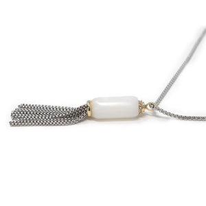 Two Tone GemStone Chain Tassel Pendant Necklace White - Mimmic Fashion Jewelry
