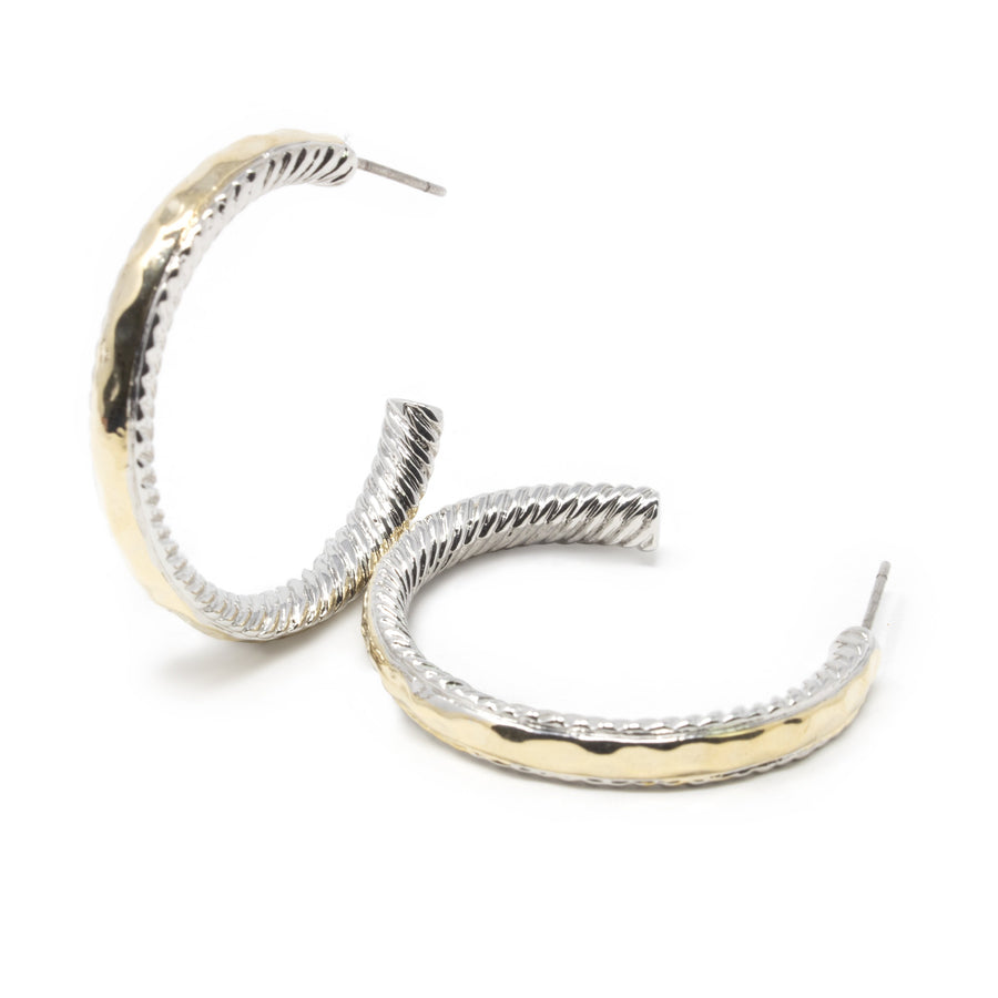 Two Tone Hammered Cable Hoop Earrings - Mimmic Fashion Jewelry