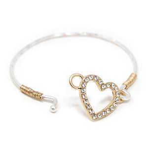 Two Tone Heart Pave Hook Bangle Gold T - Mimmic Fashion Jewelry