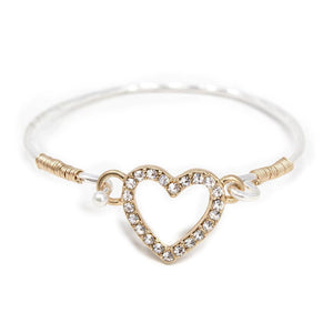 Two Tone Heart Pave Hook Bangle Gold T - Mimmic Fashion Jewelry
