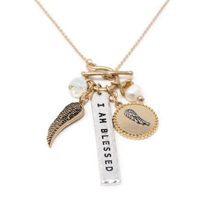 Two Tone I am Blessed Pearl Charm Neck - Mimmic Fashion Jewelry