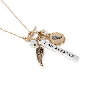 Two Tone I am Blessed Pearl Charm Neck - Mimmic Fashion Jewelry