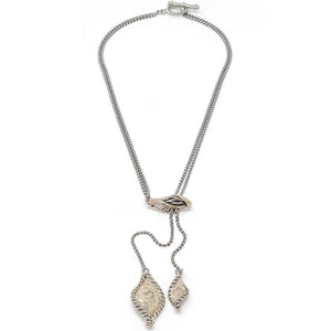 2Tone Lariat Neck W Hammered Leaves Pendant - Mimmic Fashion Jewelry