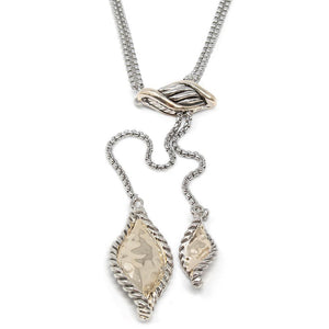 Two Tone Lariat Necklace with Hammered Leaves Pendant - Mimmic Fashion Jewelry