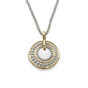 Two Tone Necklace Concentric Circles Pendant With CZ - Mimmic Fashion Jewelry