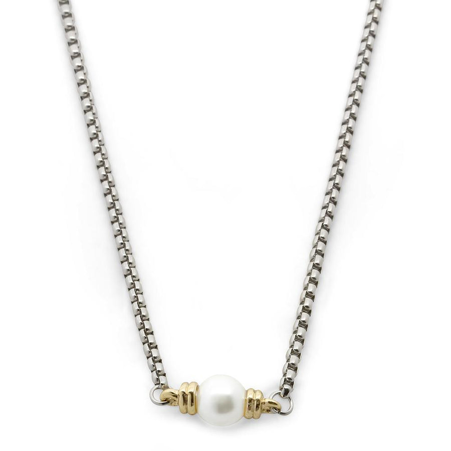 Two Tone Necklace Pearl Station - Mimmic Fashion Jewelry