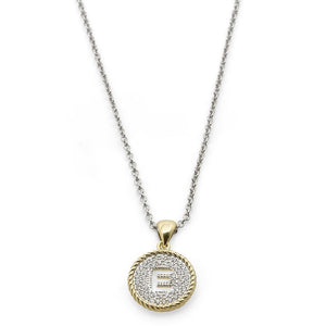 2Tone Necklace Round Pave Initial - E - Mimmic Fashion Jewelry