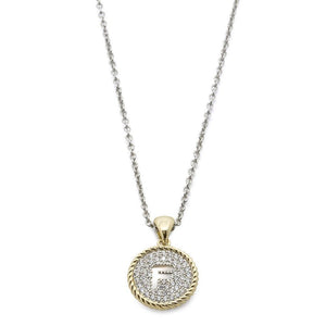2Tone Necklace Round Pave Initial - F - Mimmic Fashion Jewelry
