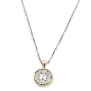 2Tone Necklace Round Pave Initial - N - Mimmic Fashion Jewelry