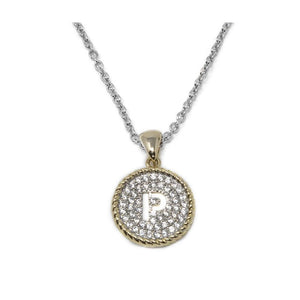 Two Tone Necklace Round Pave Initial - P - Mimmic Fashion Jewelry