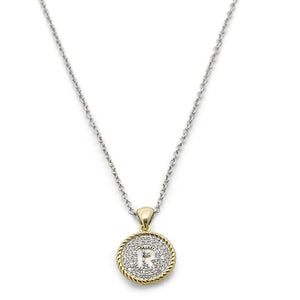 2Tone Necklace Round Pave Initial - R - Mimmic Fashion Jewelry